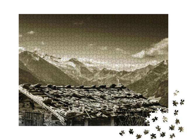 View Over a Shingled Roof to a Glacier in Zillertal in Se... Jigsaw Puzzle with 1000 pieces