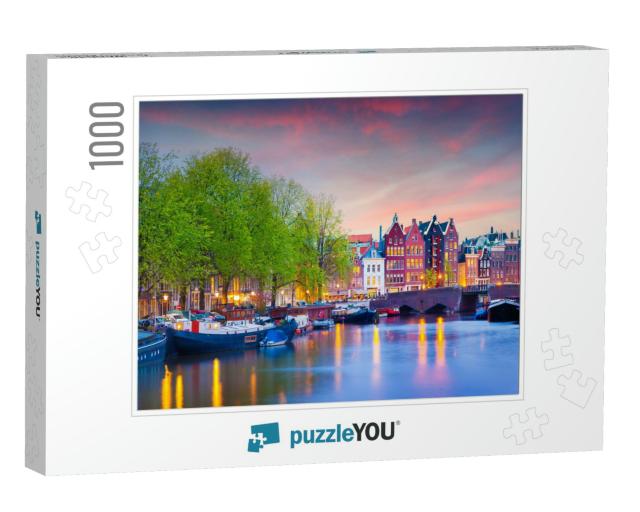 Colorful Spring Sunset on the Canals of Amsterdam. Authen... Jigsaw Puzzle with 1000 pieces