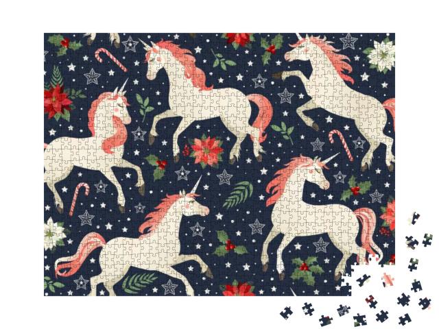 Middle Ages Print Unicorns on a Christmas Floral Backgrou... Jigsaw Puzzle with 1000 pieces