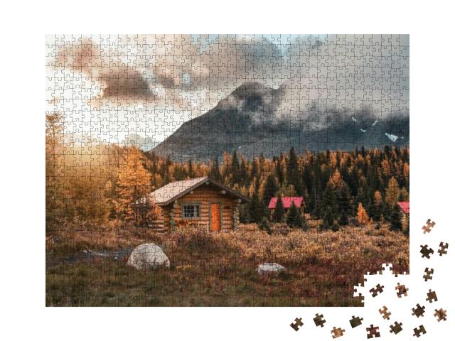 Wooden Huts with Sunshine in Autumn Forest At Assiniboine... Jigsaw Puzzle with 1000 pieces