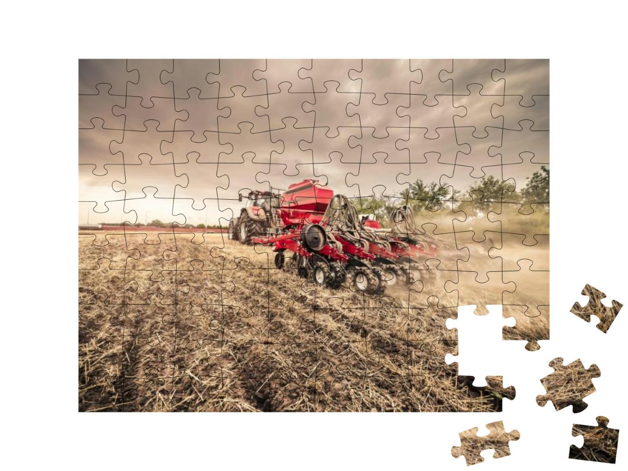 Modern Red Tractor with Red Implement Seeding Directly In... Jigsaw Puzzle with 100 pieces