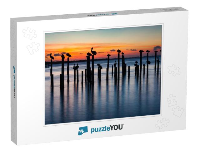 Sunset Silhouettes of Pelicans on Old Pier Pilings in Des... Jigsaw Puzzle