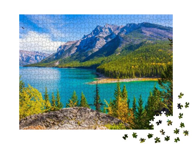 The Lake with Turquoise Water is Surrounded by Coniferous... Jigsaw Puzzle with 1000 pieces