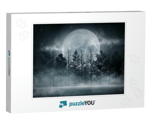 Dark Forest. Gloomy Dark Scene with Trees, Big Moon, Moon... Jigsaw Puzzle