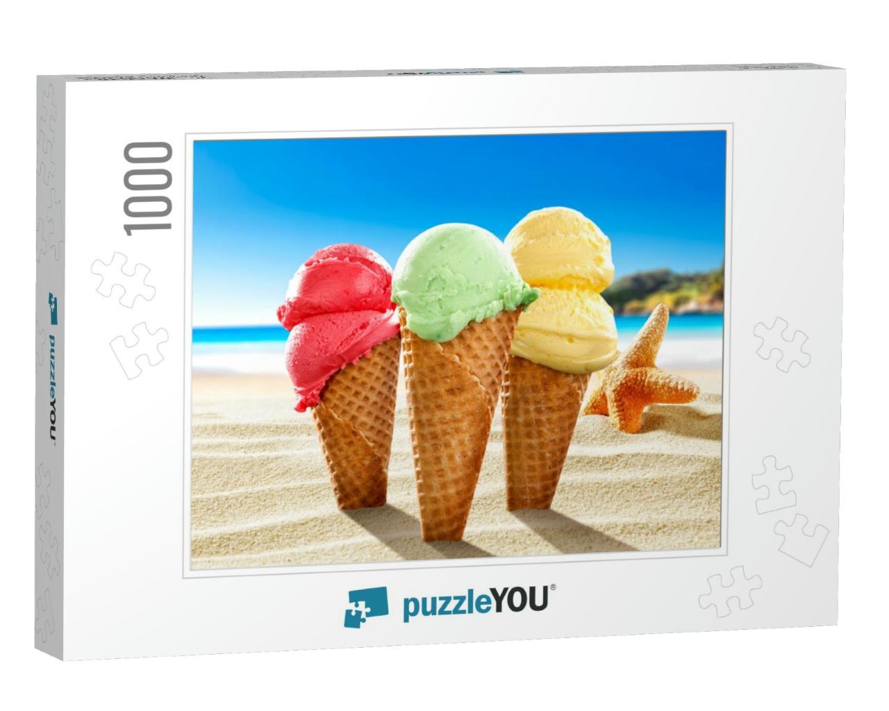 Ice Creams on Beach & Shells with Ocean Landscape... Jigsaw Puzzle with 1000 pieces
