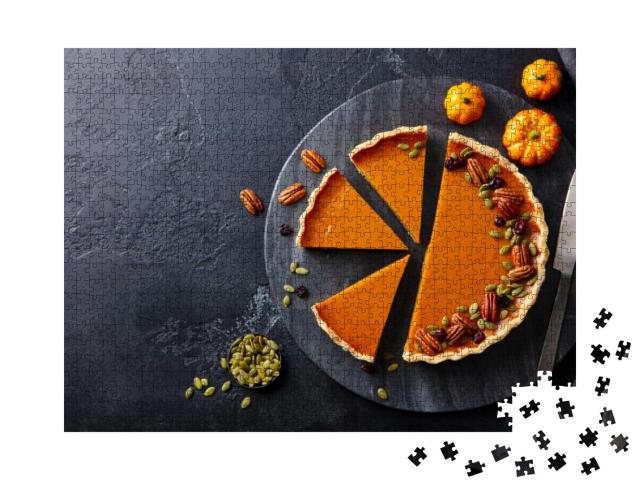 Pumpkin Pie on Marble Cutting Board. Dark Background. Cop... Jigsaw Puzzle with 1000 pieces