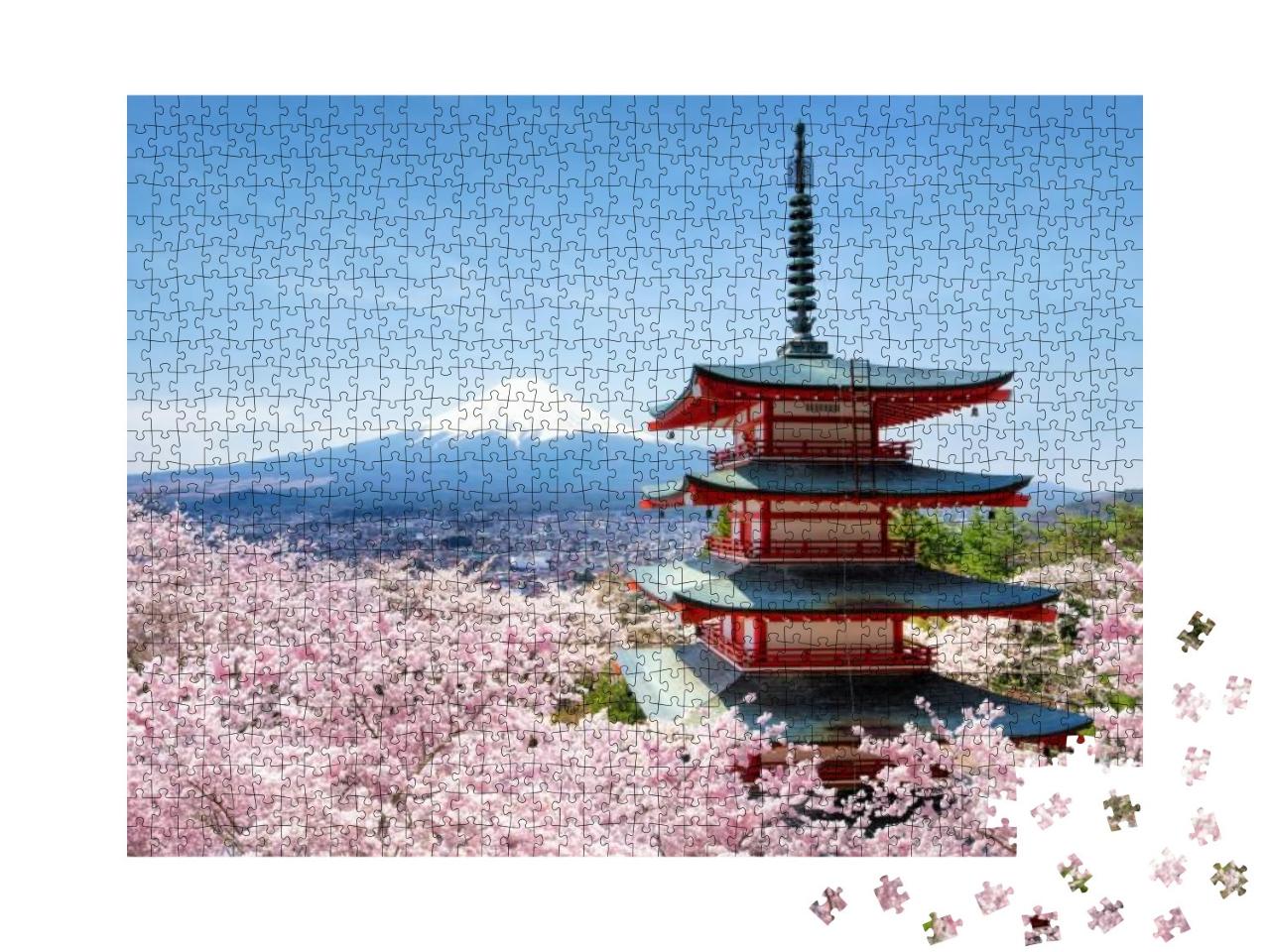 Chureito Pagode & Mount Fuji with Cherry Blossom Tree Dur... Jigsaw Puzzle with 1000 pieces