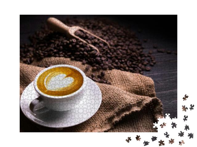 Cup of Coffee Latte with Heart Shape & Coffee Beans on Ol... Jigsaw Puzzle with 1000 pieces