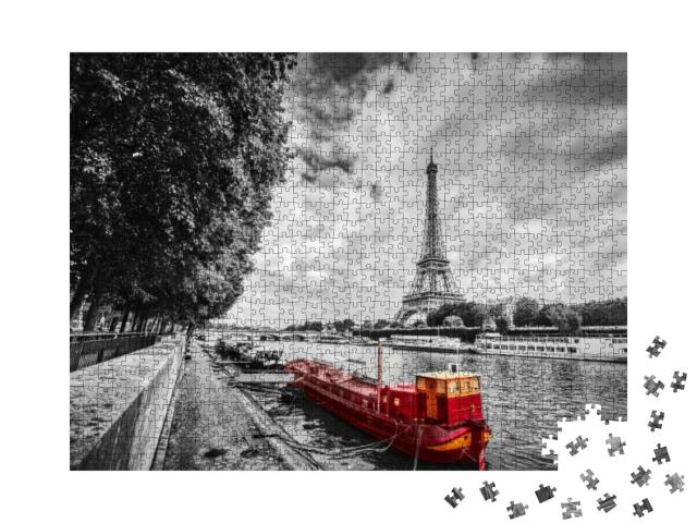 Eiffel Tower Over Seine River in Paris, France. Red Touri... Jigsaw Puzzle with 1000 pieces