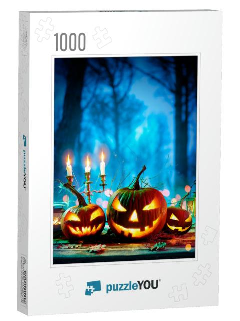Halloween Pumpkin with Lantern & Candelabrum on Table At... Jigsaw Puzzle with 1000 pieces
