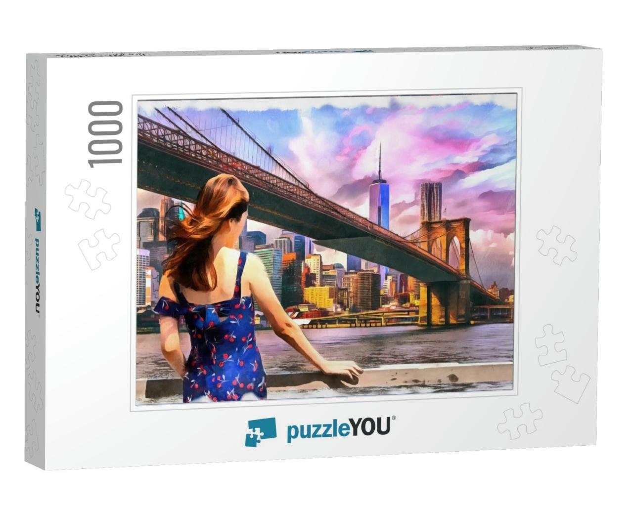Painting of Beautiful Girl Standing Looking Into Brooklyn... Jigsaw Puzzle with 1000 pieces