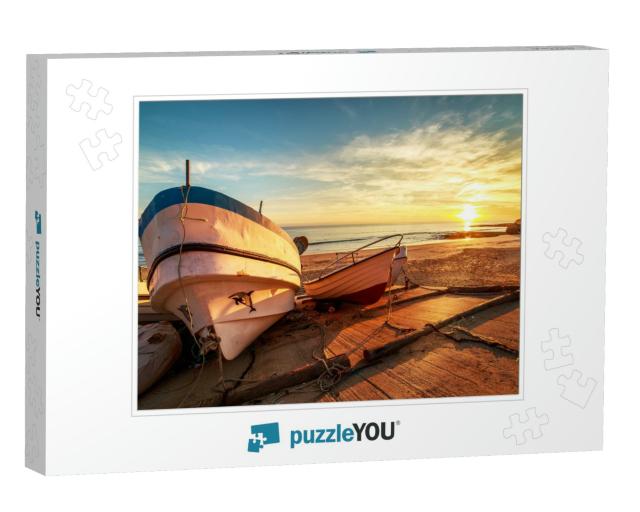 Wooden Fishing Boats in a Small Port on the Beach in Suns... Jigsaw Puzzle