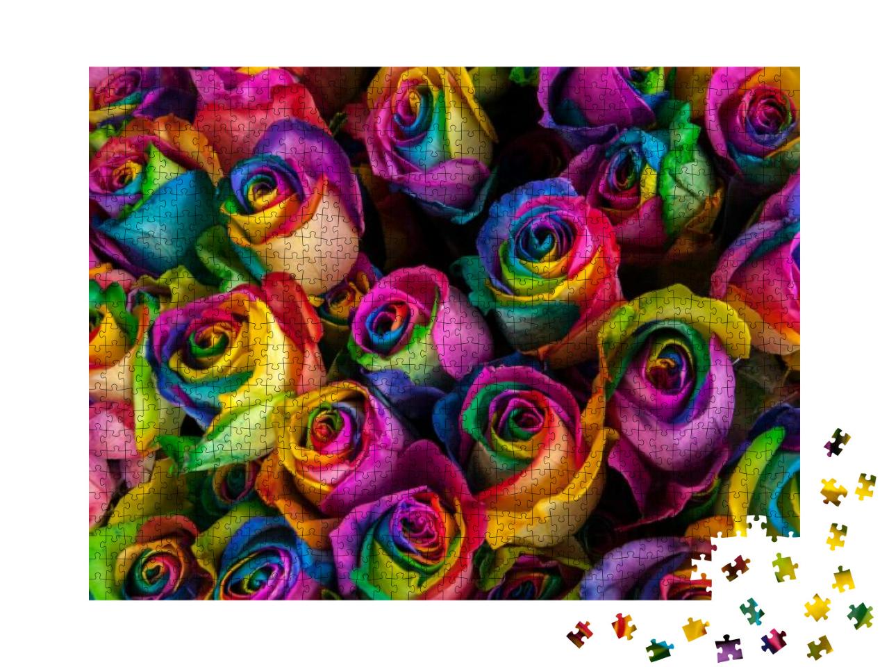 Colorful, Vibrant Rainbow Roses for Sale At an Outdoor Ma... Jigsaw Puzzle with 1000 pieces