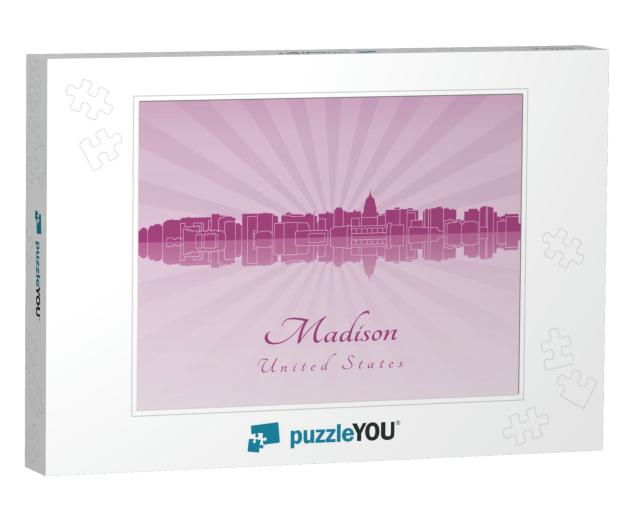 Madison Skyline in Radiant Orchid in Editable Vector File... Jigsaw Puzzle
