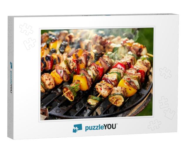 Grilled skewers of vegetables and meat on the gril Jigsaw Puzzle
