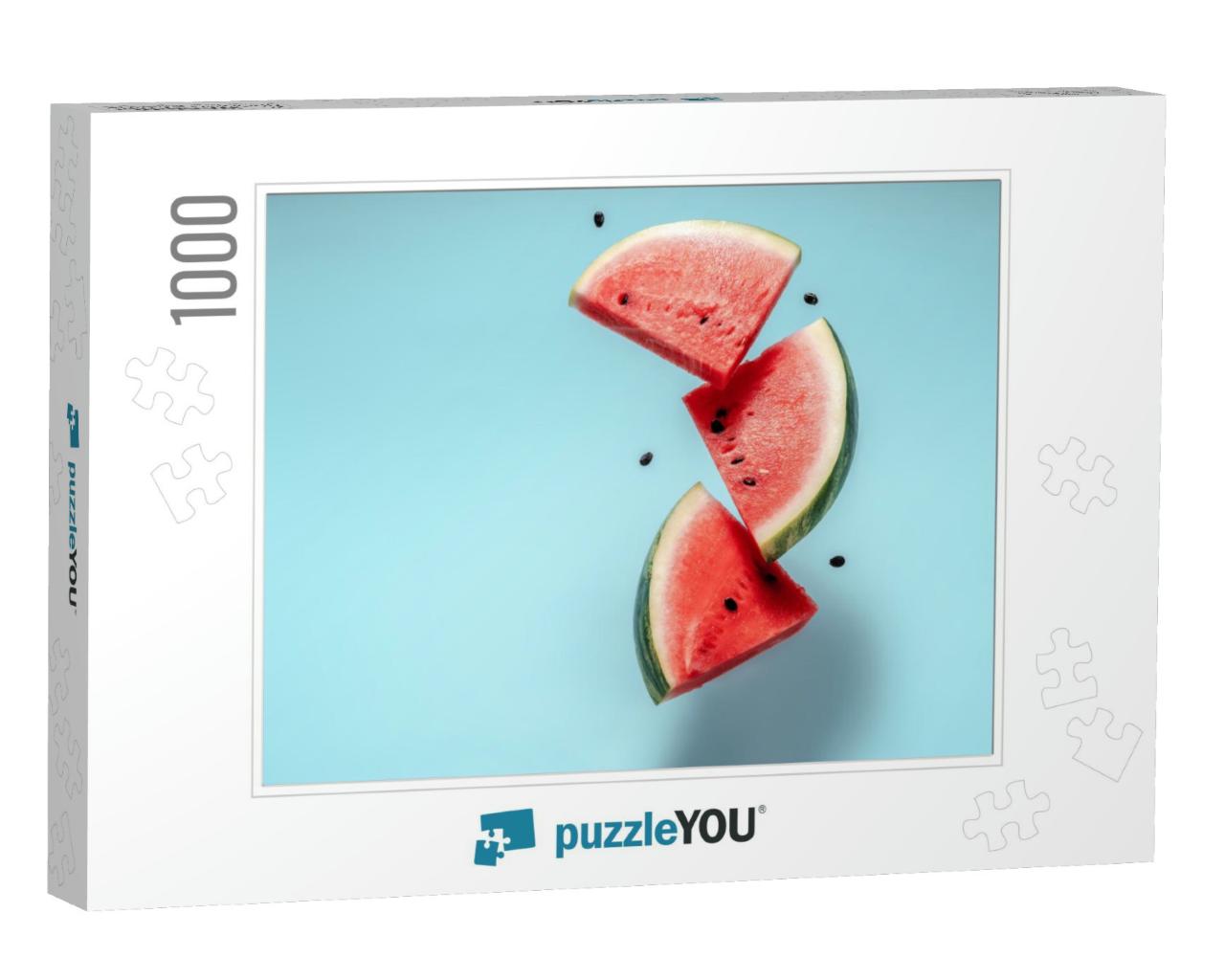 Watermelon Slice Falling on Pastel Background. Floating F... Jigsaw Puzzle with 1000 pieces