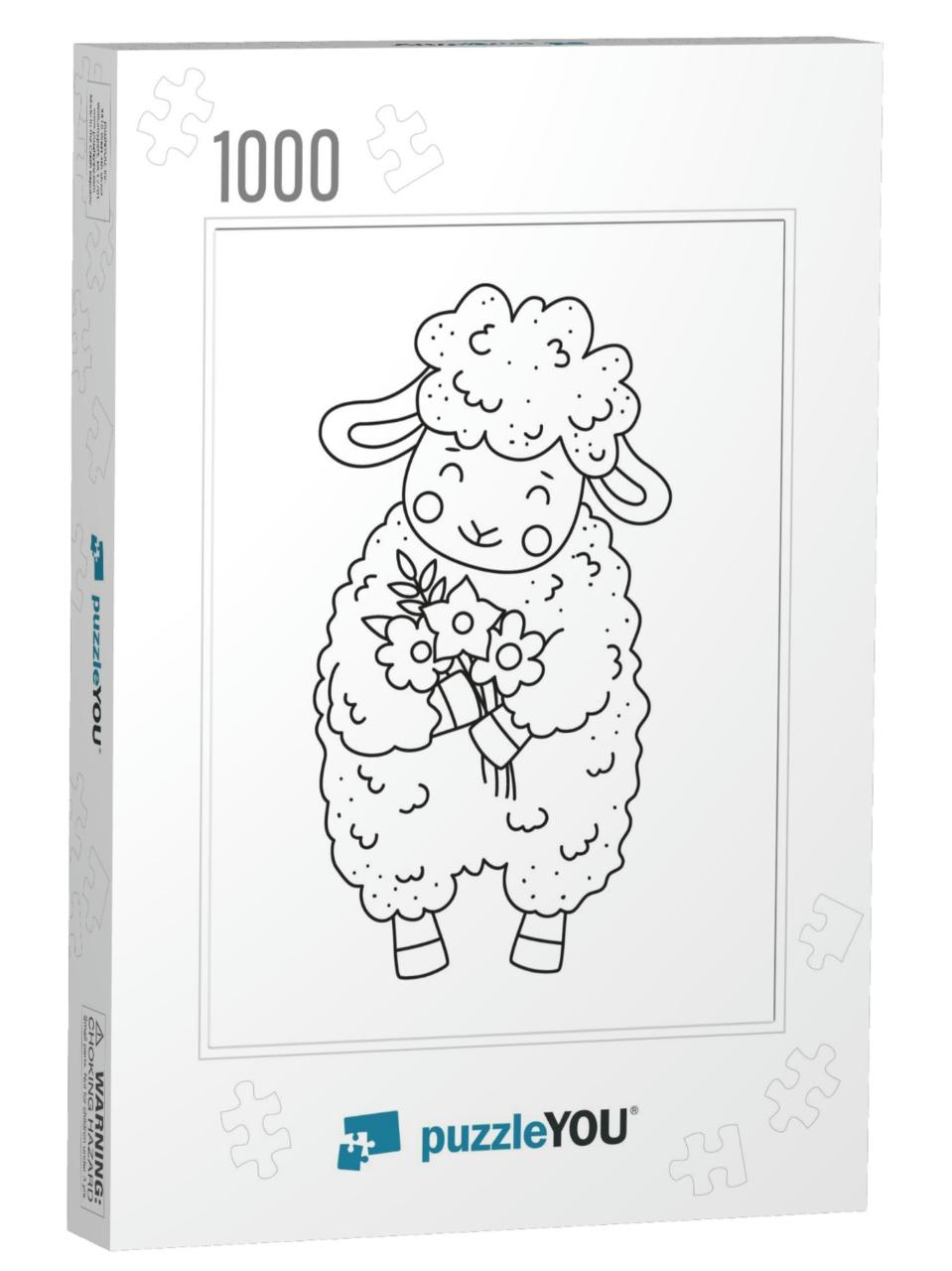 Cute Outline Doodle Sheep with Flowers. Vector Illustrati... Jigsaw Puzzle with 1000 pieces