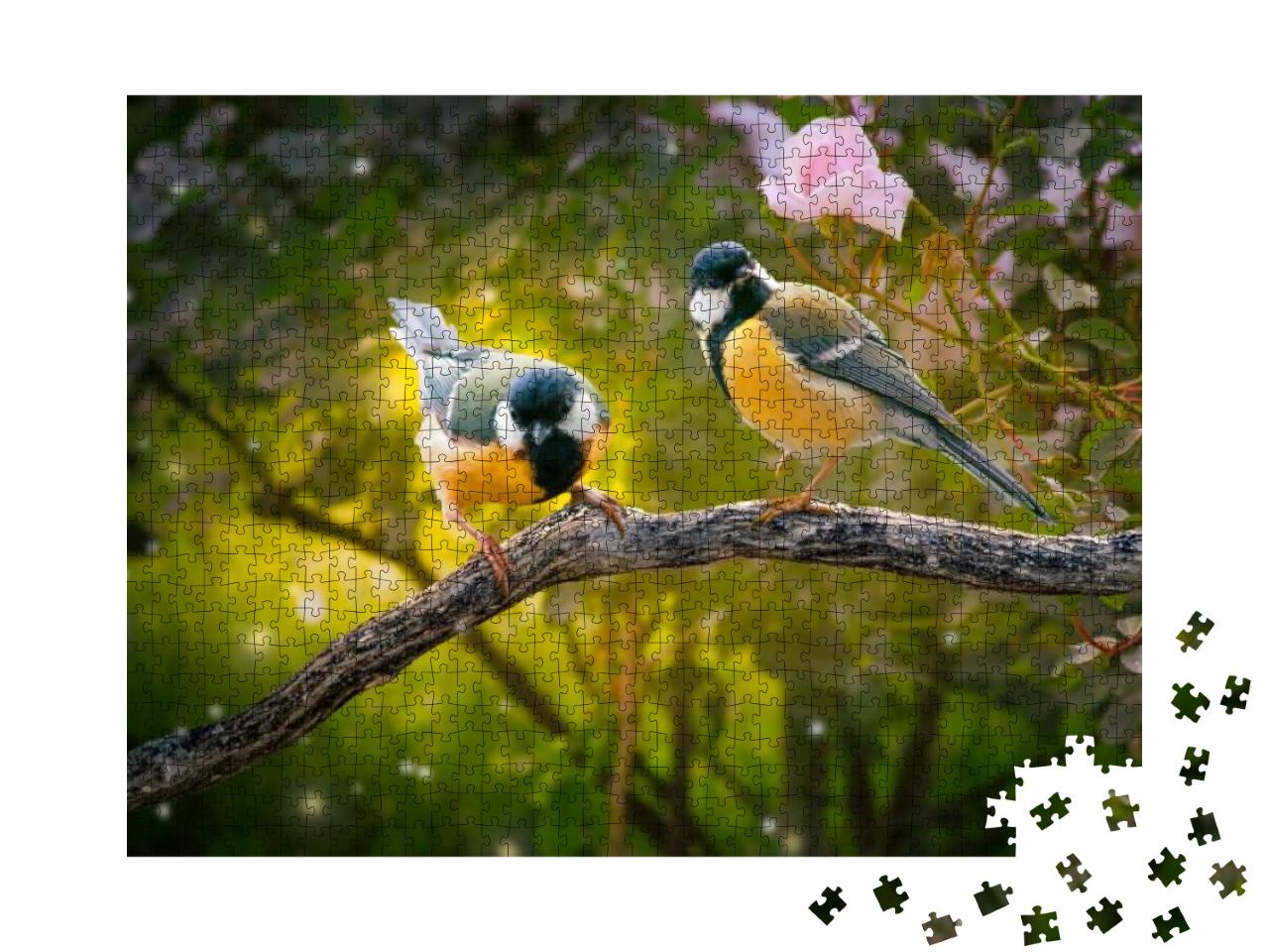 Fantasy Portrait of Two Tit Birds Sitting on Tree Branch... Jigsaw Puzzle with 1000 pieces