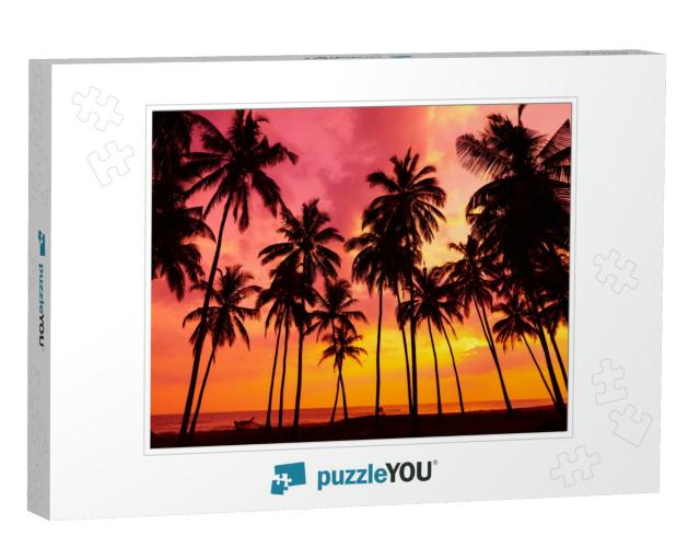 Palm Trees Silhouettes on Tropical Beach At Vivid Sunset... Jigsaw Puzzle