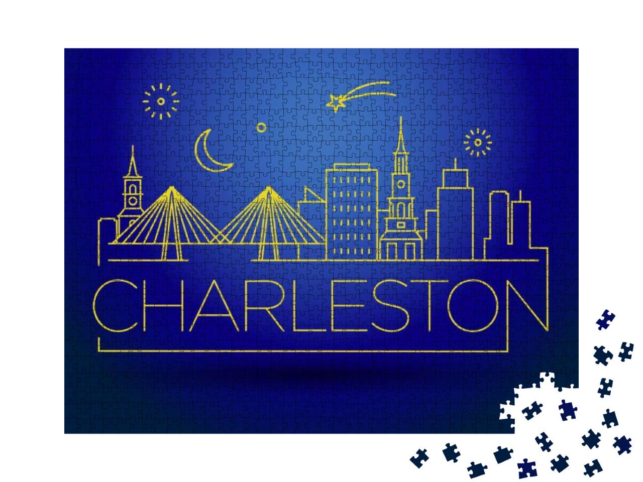 Minimal Charleston Linear City Skyline with Typographic D... Jigsaw Puzzle with 1000 pieces