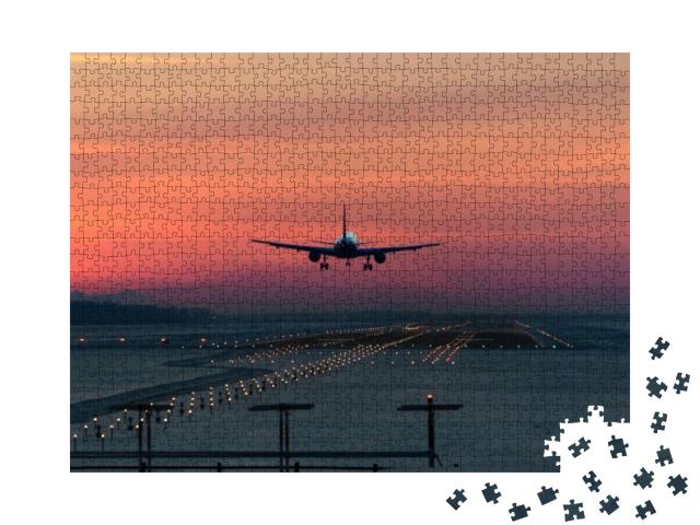Passenger Plane is Landing in the Airport Runway At Early... Jigsaw Puzzle with 1000 pieces