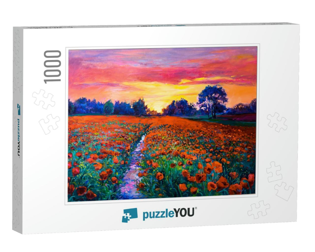 Oil Painting of a Poppy Field. Sunset Over the Red Field... Jigsaw Puzzle with 1000 pieces