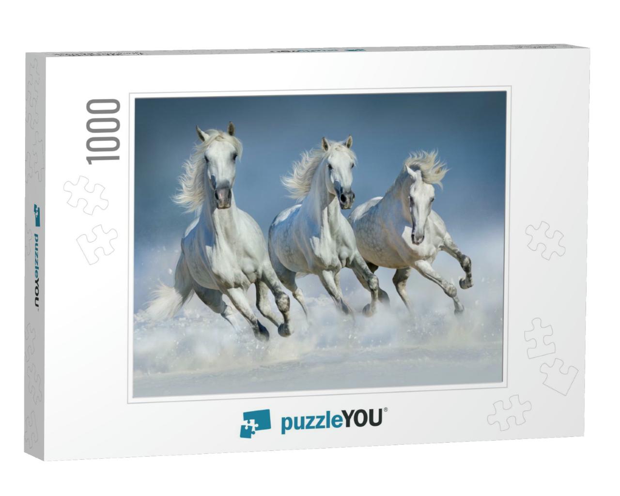 Group of Beautiful Arabian Horses Run Gallop in Snow Wint... Jigsaw Puzzle with 1000 pieces