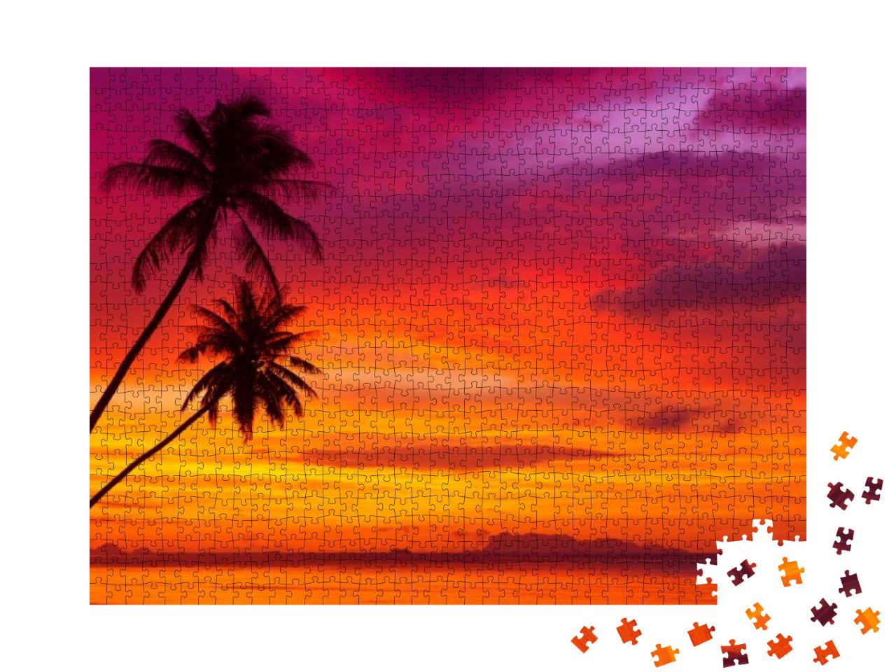 Two Palm Trees Silhouette on Sunset Tropical Beach... Jigsaw Puzzle with 1000 pieces