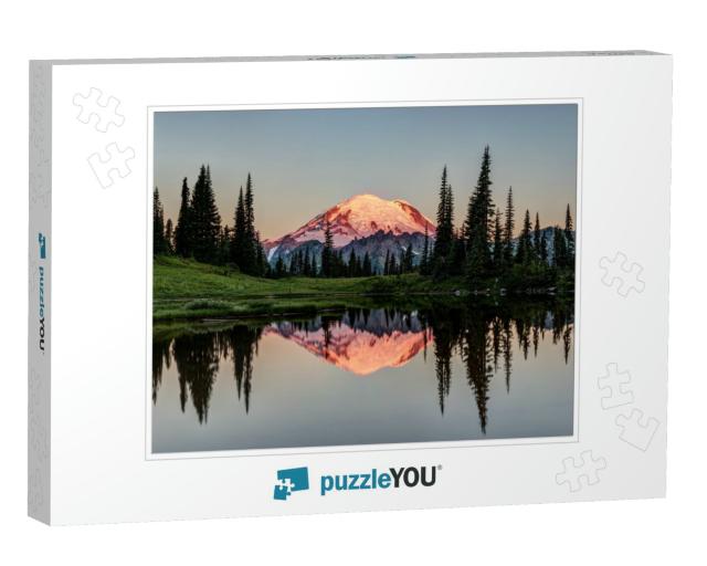 The Glowing Peak of Mount Rainier At Dawn with a Calm Ref... Jigsaw Puzzle