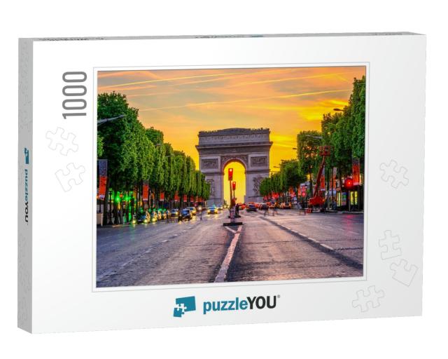 Champs-Elysees & Arc De Triomphe At Night in Paris, Franc... Jigsaw Puzzle with 1000 pieces