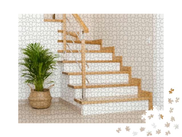 Modern Natural Ash Tree Wooden Stairs in New House Interi... Jigsaw Puzzle with 1000 pieces