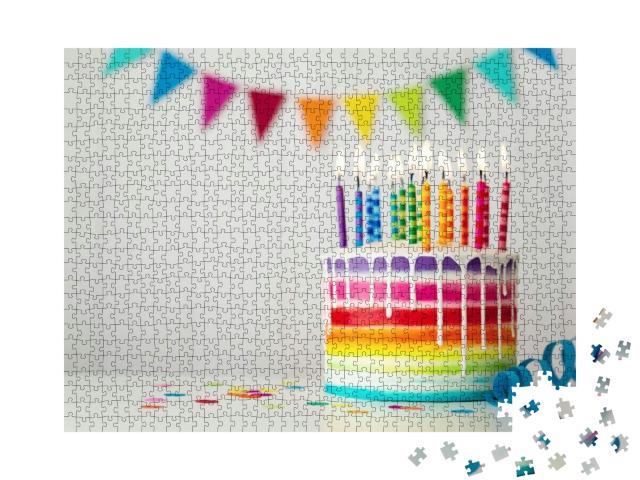 Rainbow Birthday Cake with Colorful Candles & Drip Icing... Jigsaw Puzzle with 1000 pieces