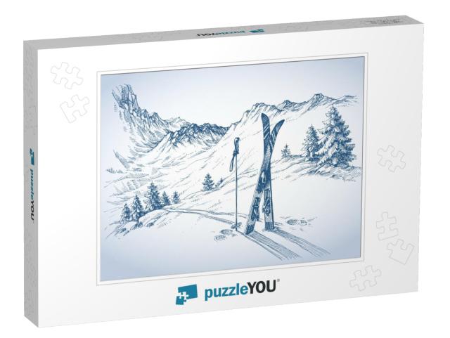 Ski background, mountains in winter season Jigsaw Puzzle