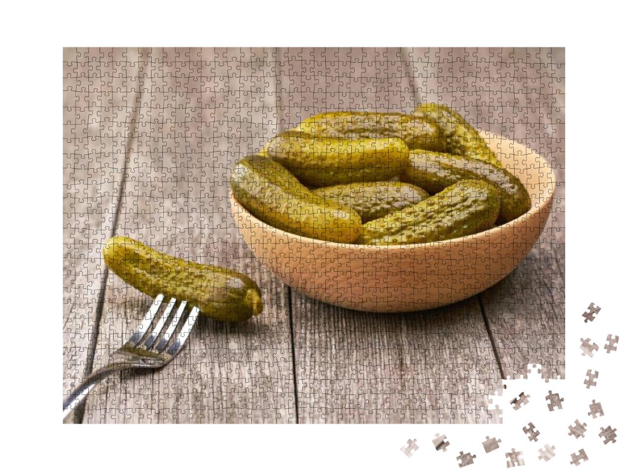 Pickles in a Wooden Bowl. Marinated Cucumbers in B... Jigsaw Puzzle with 1000 pieces