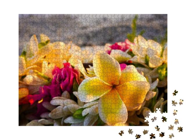 Close-Up of a Lei of Tropical Exotic Flowers Above a Sand... Jigsaw Puzzle with 1000 pieces