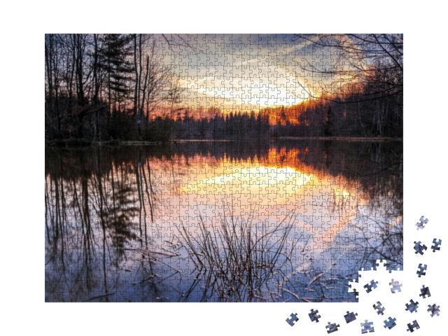 Sunset in the Golden Sunlight Over a Mountain Lake in the... Jigsaw Puzzle with 1000 pieces