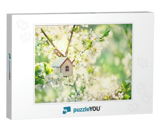 Toy House & Cherry Flowers. Spring Natural Background. Co... Jigsaw Puzzle