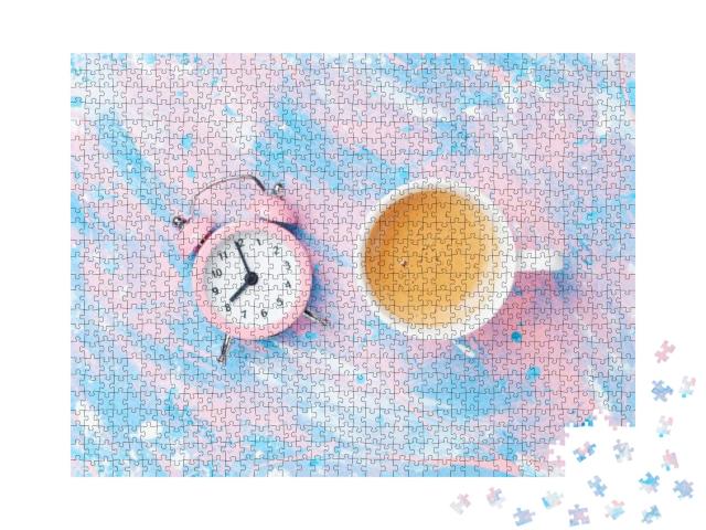 Morning Cup of Coffee & Alarm Clock on Colorful Working D... Jigsaw Puzzle with 1000 pieces