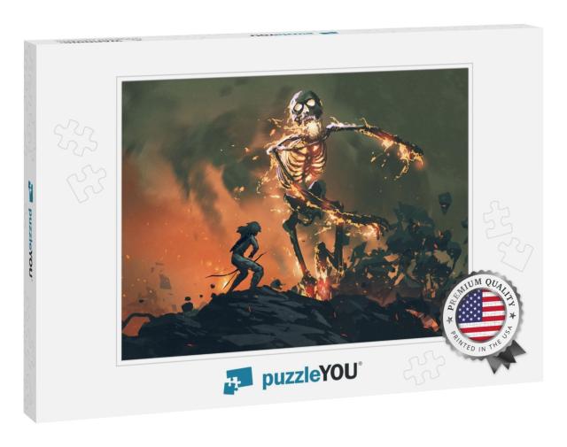 Man with a Bow Fighting with a Flaming Skeleton, Digital... Jigsaw Puzzle