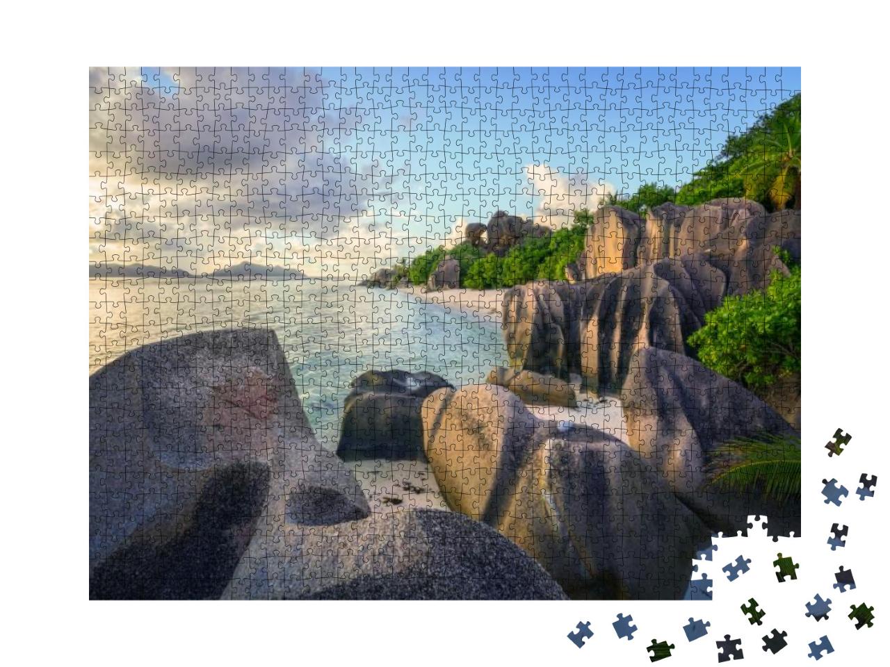 Sunset At Beautiful Tropical Beach Anse Georgette on Pras... Jigsaw Puzzle with 1000 pieces