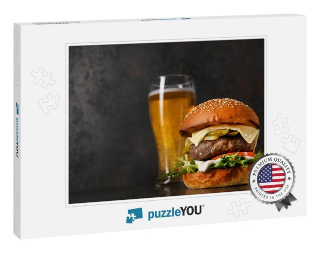 Delicious Classic Burger with Cutlet & Glass of Cold Beer... Jigsaw Puzzle