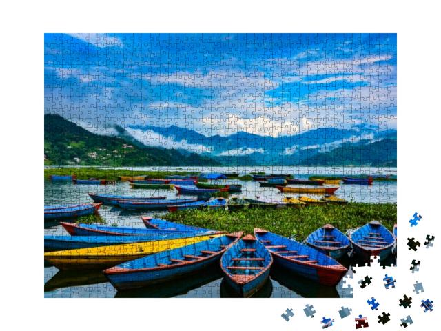 Colorful Row Boats Docked on Lake Phewa in Pokhara, Nepal... Jigsaw Puzzle with 1000 pieces