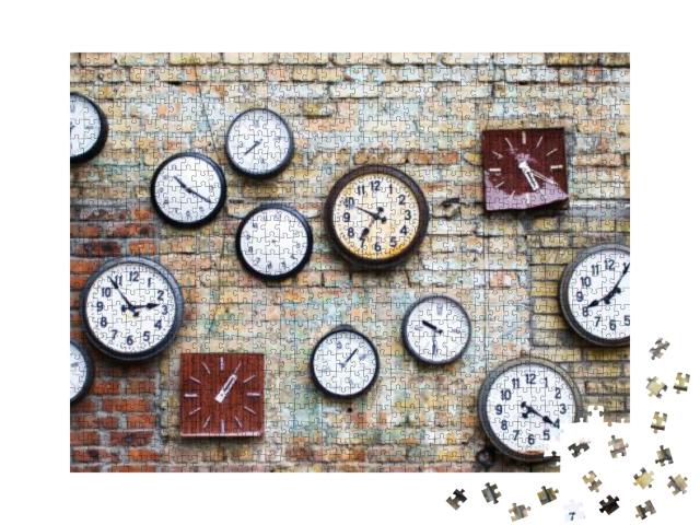 Collection of Vintage Clock Hanging on an Old Brick Wall... Jigsaw Puzzle with 1000 pieces