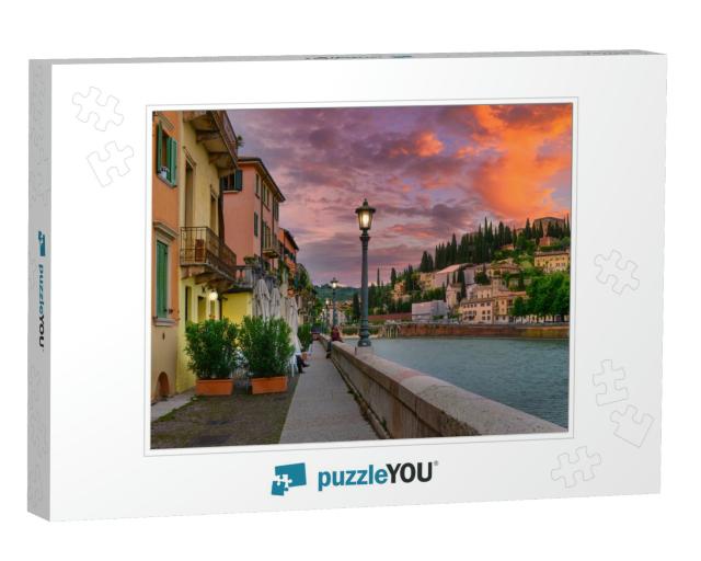 Embankment of Adige River in Verona, Italy. Sunset Citysc... Jigsaw Puzzle