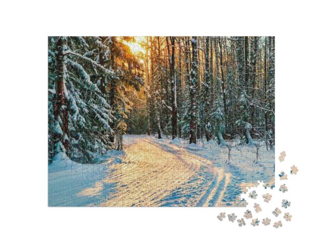 Winter Forrest Road in Snowy Woods... Jigsaw Puzzle with 1000 pieces