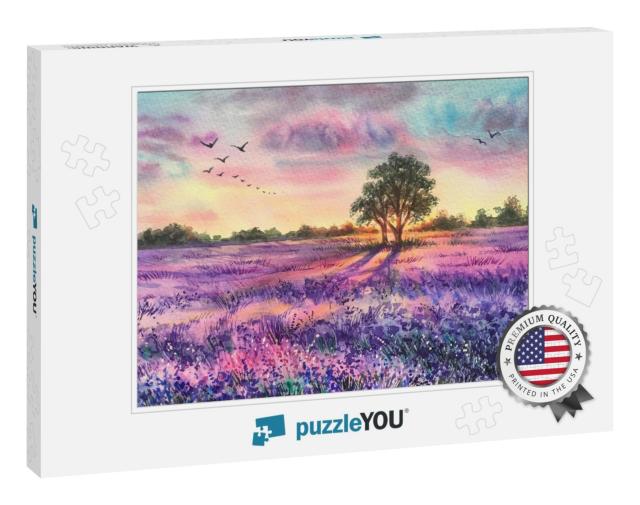 Watercolor Lavender Field. Sunset Lavender Field. Violet... Jigsaw Puzzle