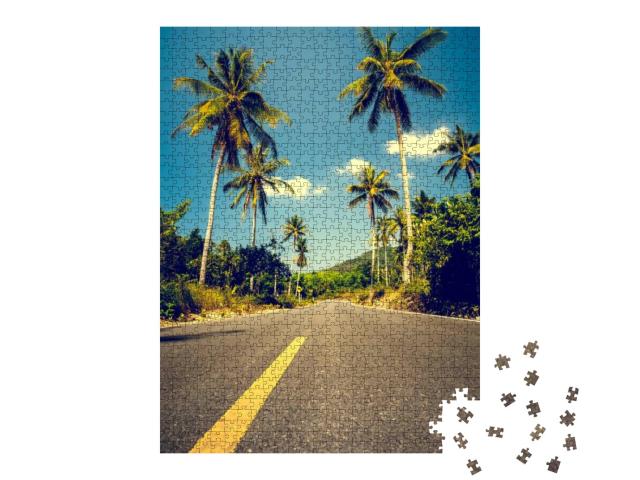 Nice Asphalt Road with Palm Trees Against the Blue Sky &... Jigsaw Puzzle with 1000 pieces