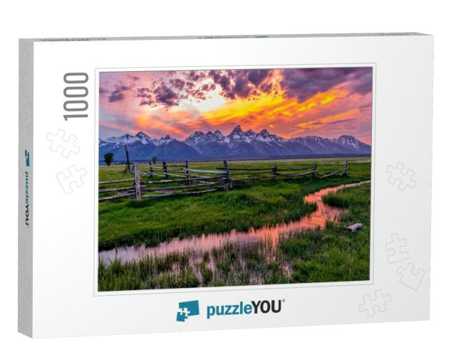 Golden Fiery Sunset At Grand Teton - a Colorful Spring Su... Jigsaw Puzzle with 1000 pieces