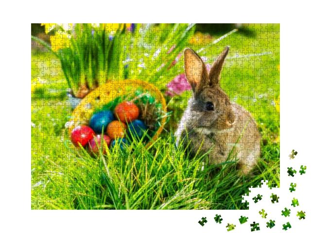 Living Easter Bunny with Eggs in a Basket on a Meadow in... Jigsaw Puzzle with 1000 pieces