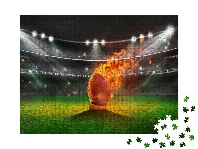 Green Field in American Football Stadium. Burning Footbal... Jigsaw Puzzle with 1000 pieces